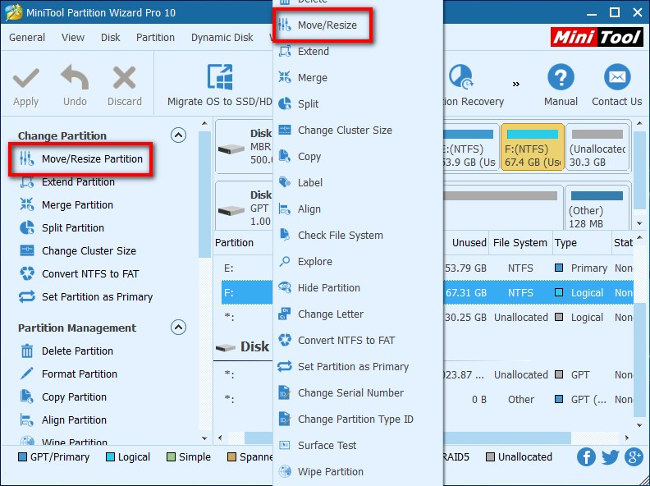 Chọn tính năng Move/Resize Partition 