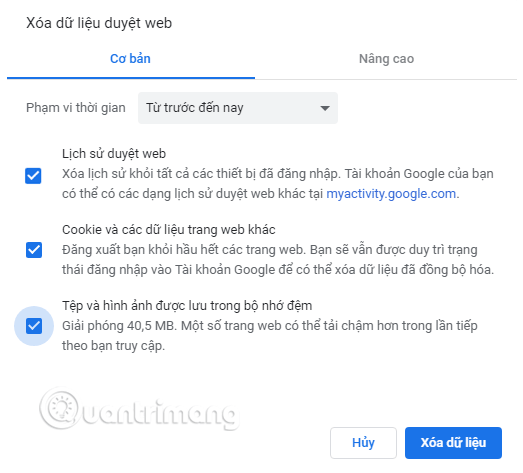 Xóa cookie và bộ nhớ cache, dữ liệu duyệt web