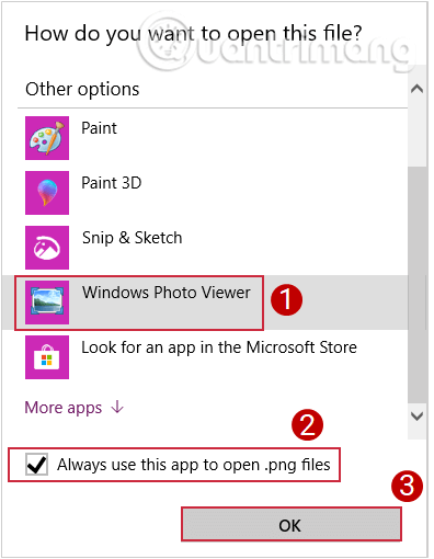 Ứng dụng mở ảnh Windows Photo Viewer được chọn làm mặc định