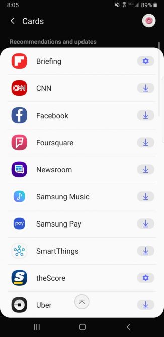 Thêm nhiều mục vào màn hình chính Bixby bằng cách chọn ba dấu chấm ở góc bên phải của màn hình