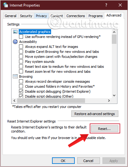 Đánh tích chọn Delete personal settings rồi click chọn Reset