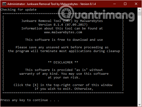 Chờ Junkware Removal Tool quét và dọn sạch hệ thống