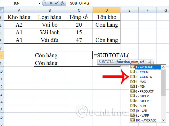 Công thức hàm SUBTOTAL
