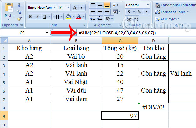 Kết hợp hàm Choose với Sum