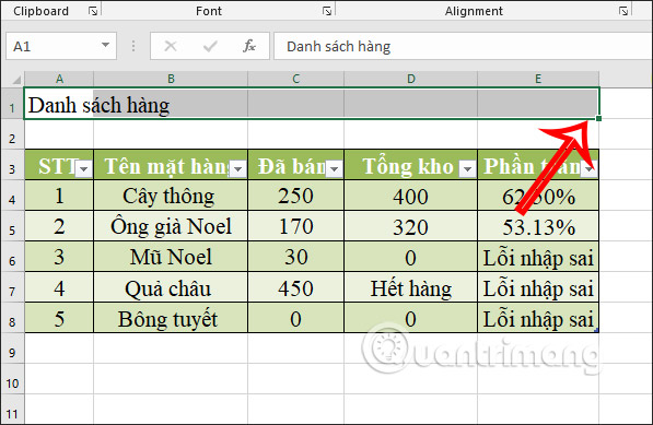 Chọn Entire row 