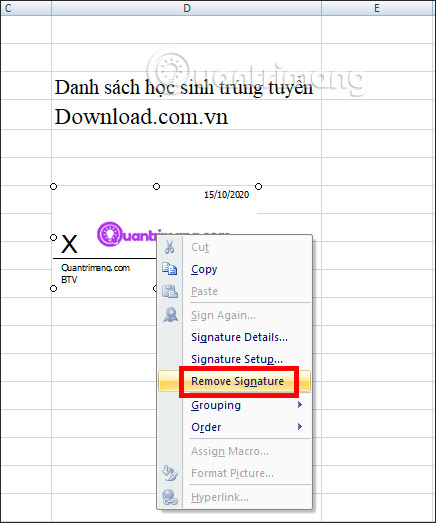 Xóa chữ ký đã chèn