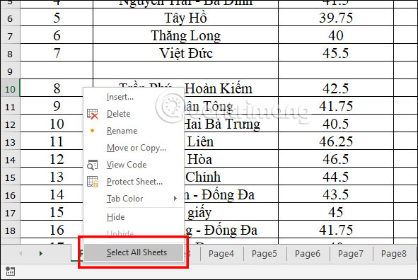 Chọn tất cả các sheet