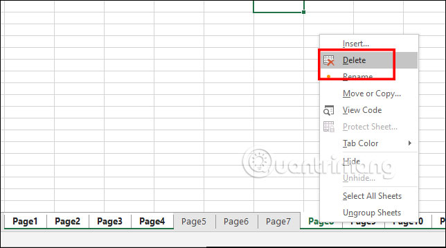 Chọn xóa các sheet