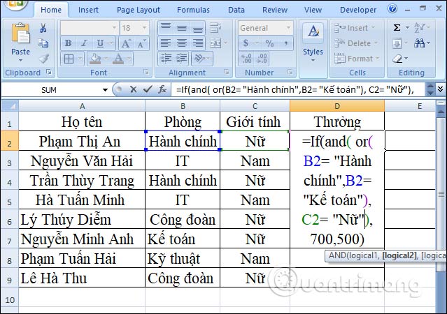 Công thức hàm If & and & or