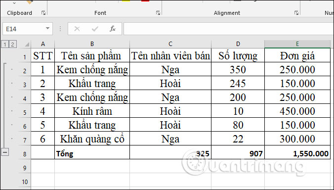 Outline bảng Excel