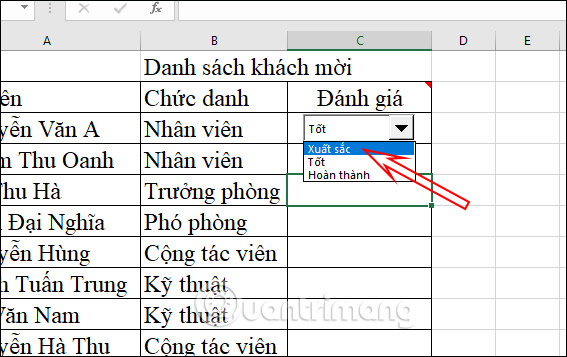 Hiện danh sách lựa chọn