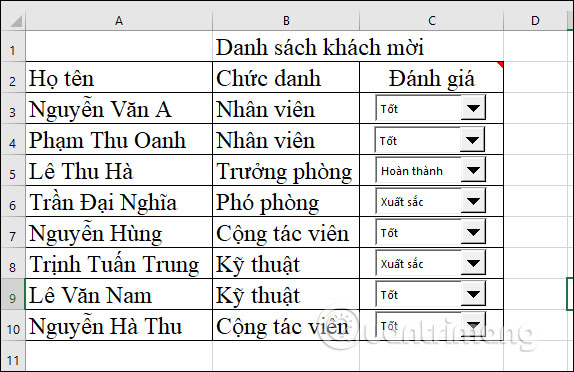 Tạo các ô combo box