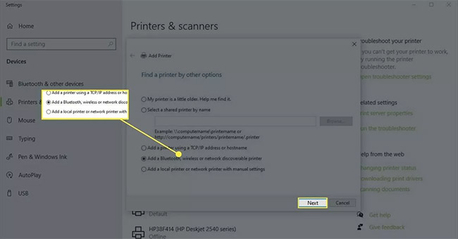 Chọn Add a Bluetooth, wireless or network discoverable printer > Next