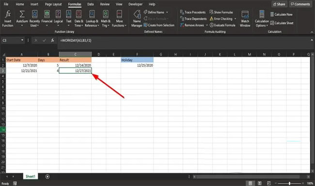 Nhập =WORKDAY(A3, B3, F2)