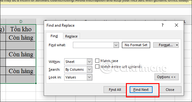 Tìm từng ô trống trong Excel