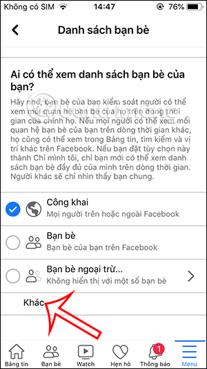 Mở rộng tùy chọn hiện bạn bè Facebook