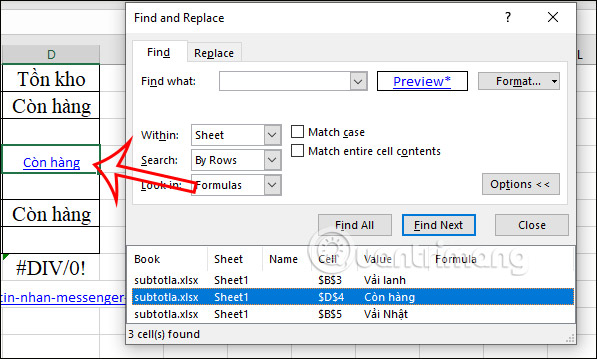 Tìm ô chèn link trong Excel