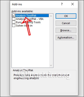 Nhấn Analysis ToolPak Excel
