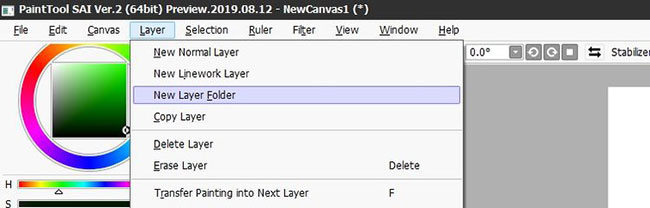 PaintTool thêm một thư mục layer mới từ menu