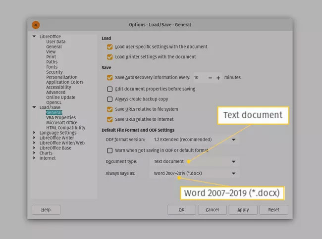 Thiết lập mặc định của LibreOffice Writer